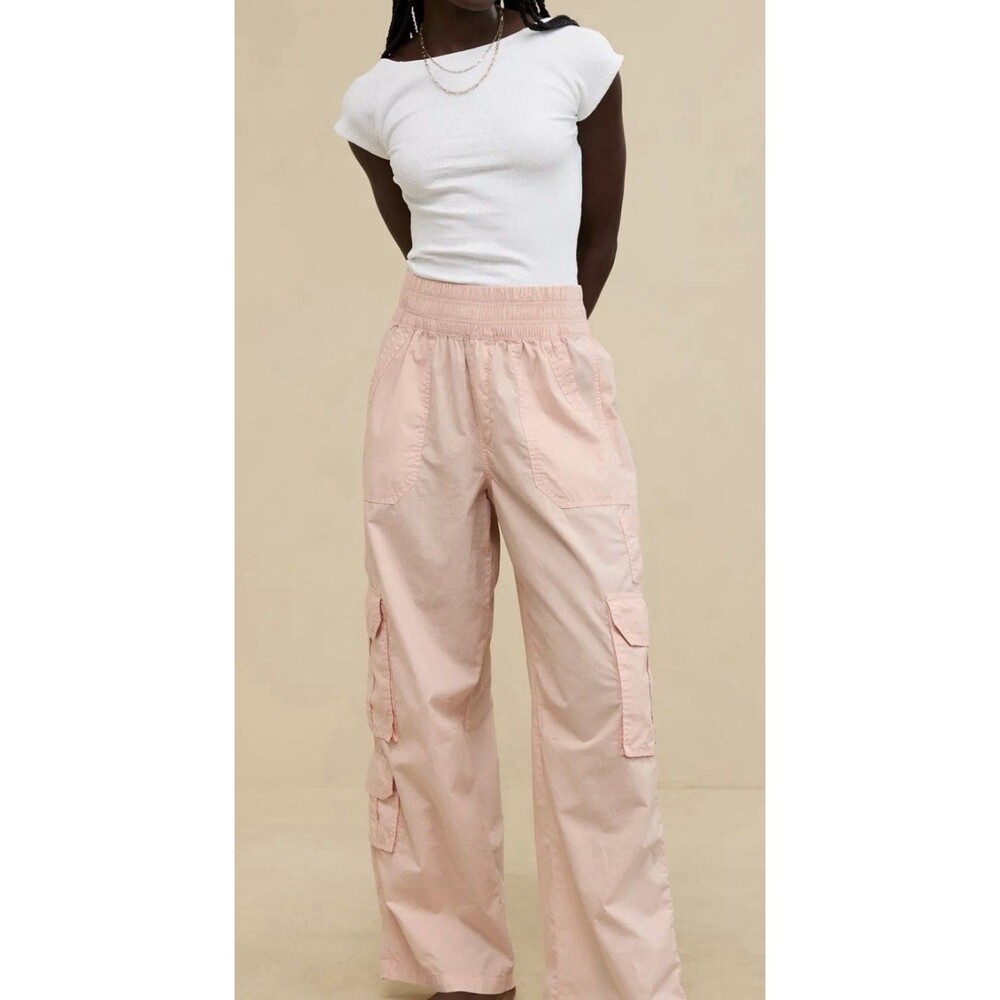 Aerie  Womens Cargo Elastic Waist , Wide Leg Pants Sz Lg Dusty Pink